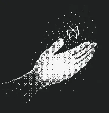 A halftone image of a hand, holding the Perplexity logo into the air